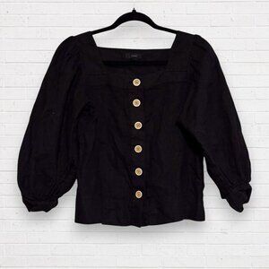 J CREW Black Linen Square Neck Crop Button Front Up Puffy Sleeve Top Blouse XS